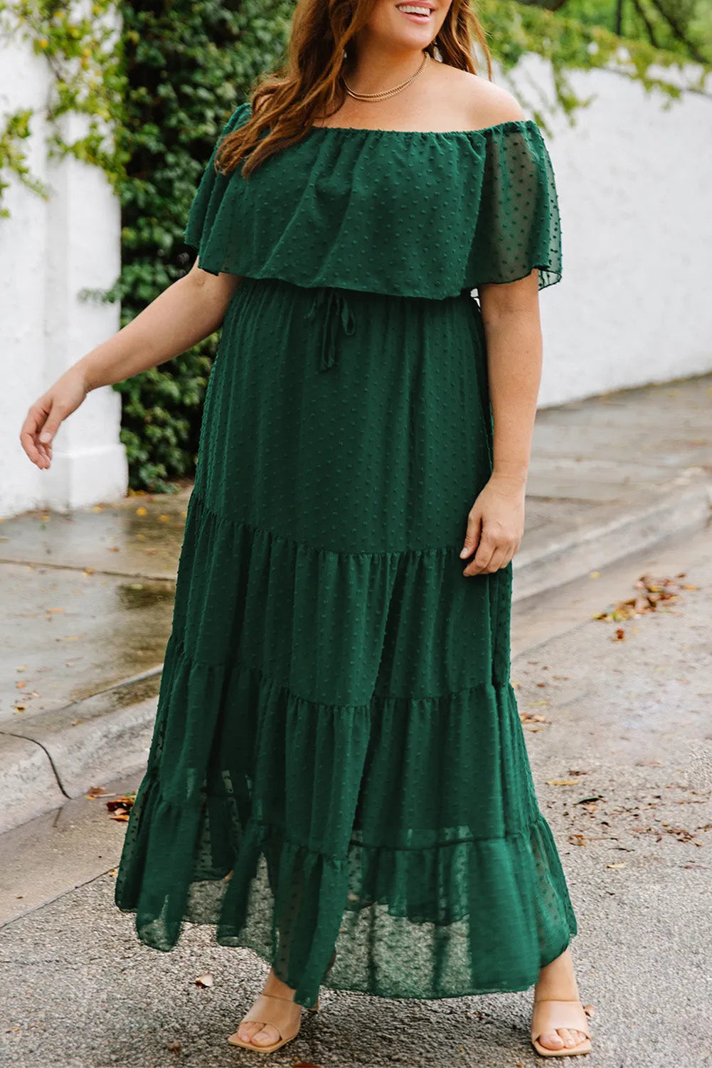 Plus Size Swiss Dot Off-Shoulder Tiered Dress Green Casual Dresses - Tophatter Daily Deals