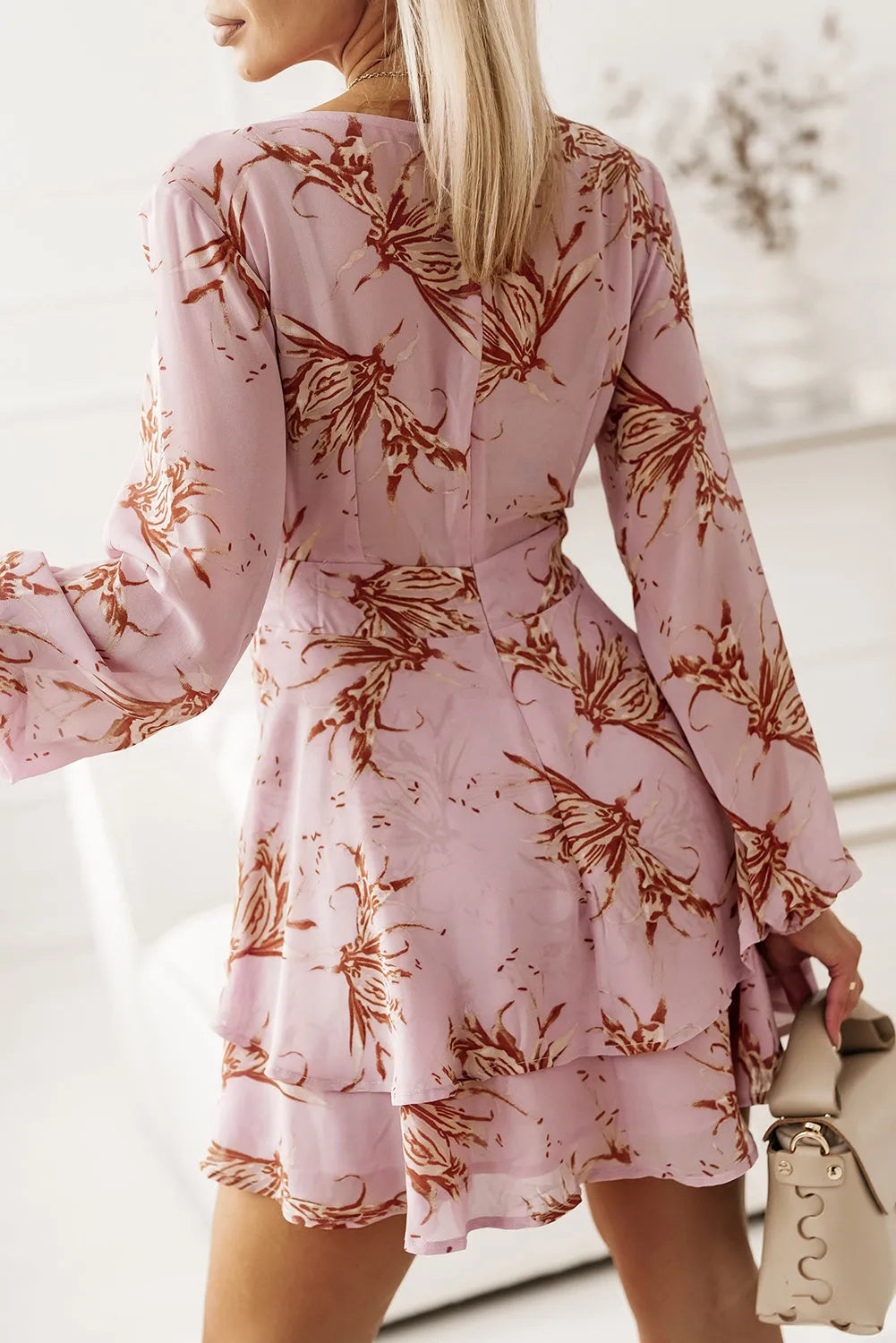 Printed Surplice Balloon Sleeve Mini Dress Casual Dresses - Tophatter Daily Deals