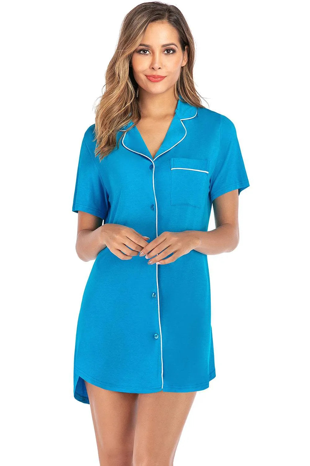 Contrast Piping Pocketed Short Sleeve Lounge Dress Sleep Dresses - Tophatter Daily Deals