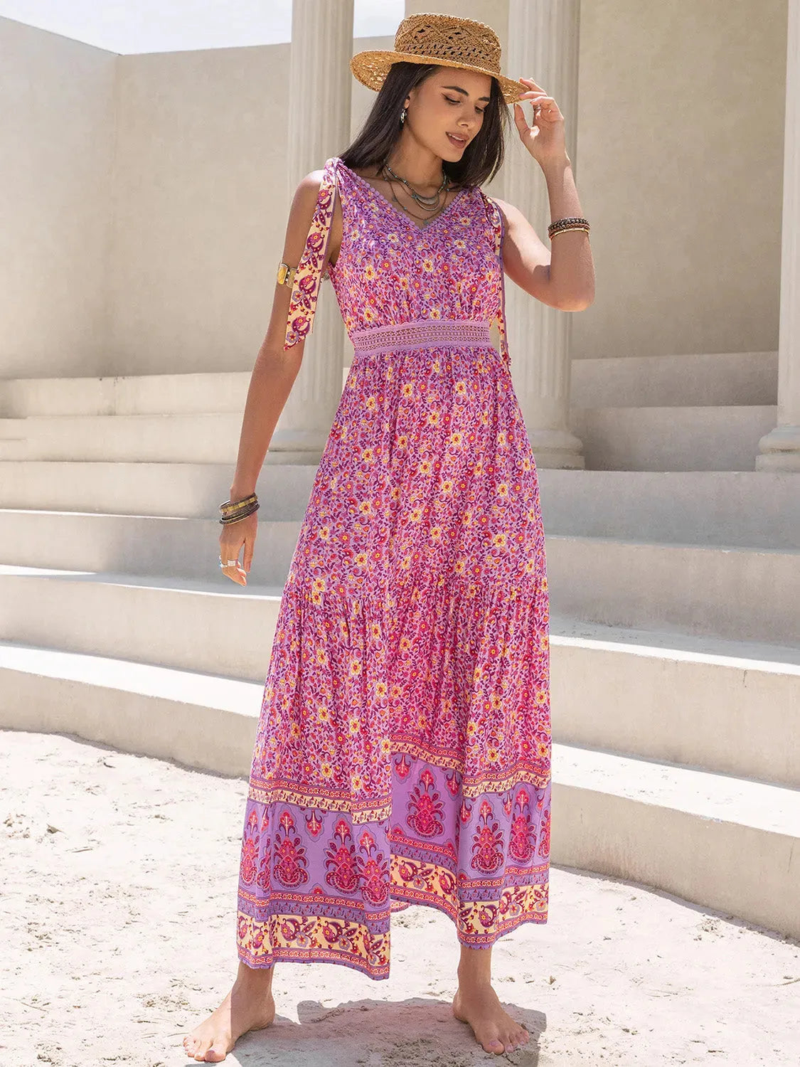 Tied Printed V-Neck Sleeveless Dress Casual Dresses - Tophatter Daily Deals