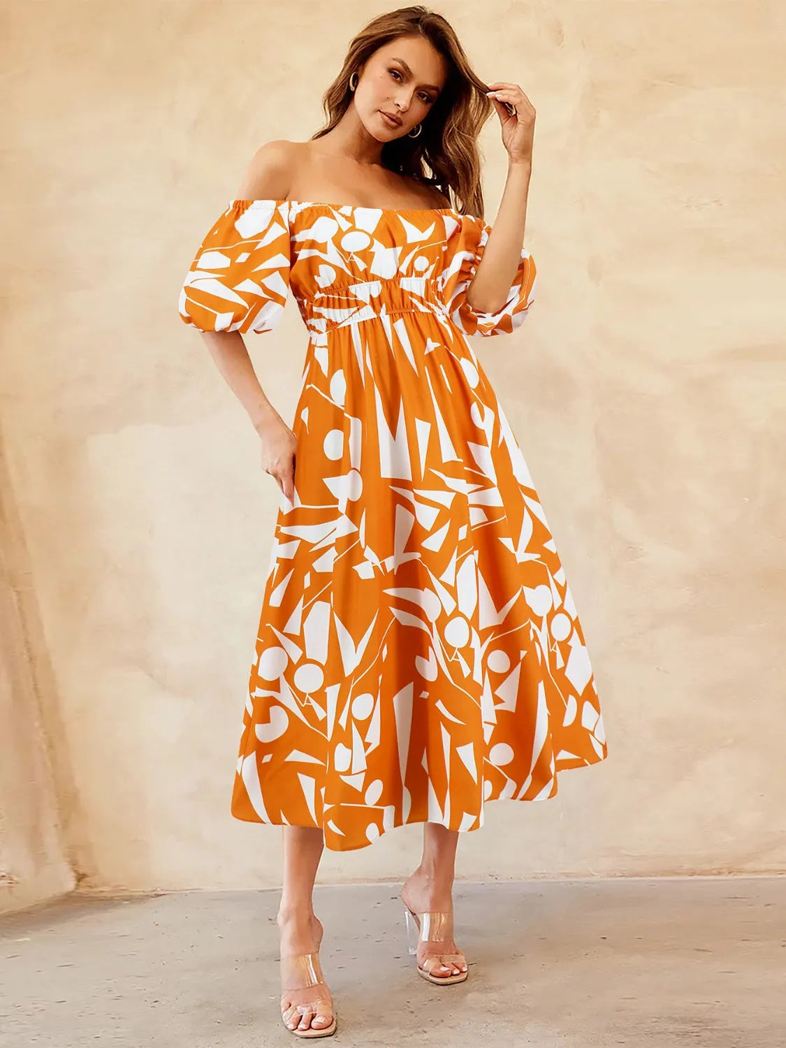 Printed Off-Shoulder Balloon Sleeve Dress Casual Dresses - Tophatter Daily Deals