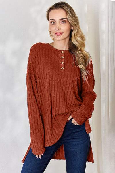 Basic Bae Full Size Ribbed Half Button Long Sleeve High-Low T-Shirt Brick Red Women's T-Shirts - Tophatter Daily Deals