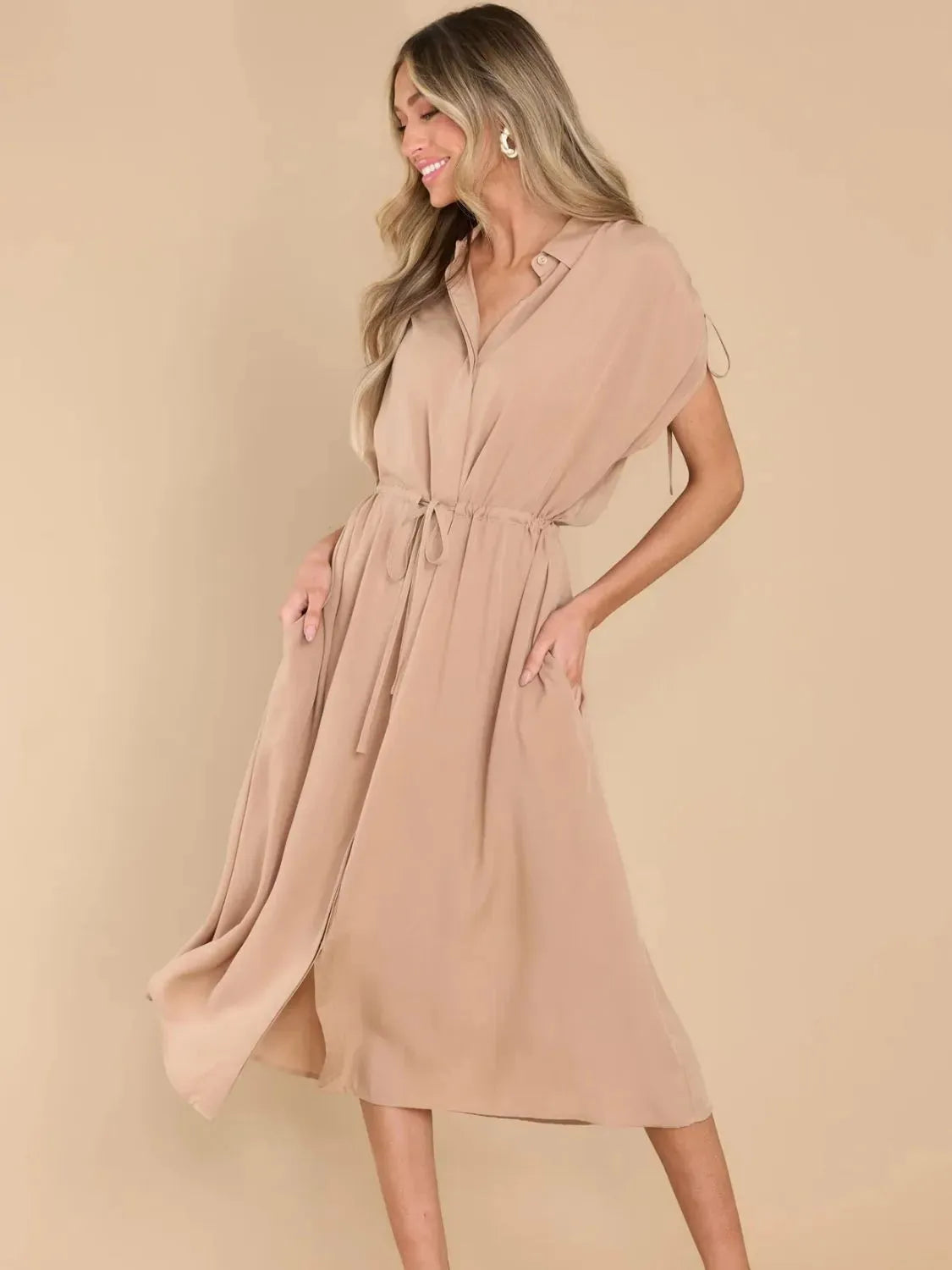 Drawstring Collared Neck Short Sleeve Midi Dress Casual Dresses - Tophatter Daily Deals