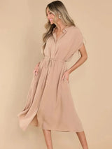 Drawstring Collared Neck Short Sleeve Midi Dress Casual Dresses - Tophatter Daily Deals