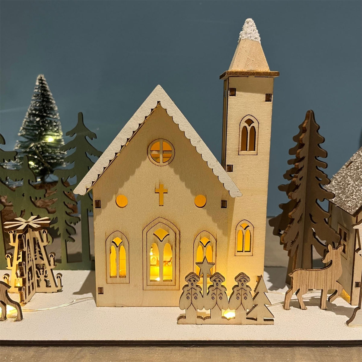 Christmas Scene Light-Up Houses | LED Wooden Winter Houses Ornament - 40cm Ornament - Tophatter Daily Deals