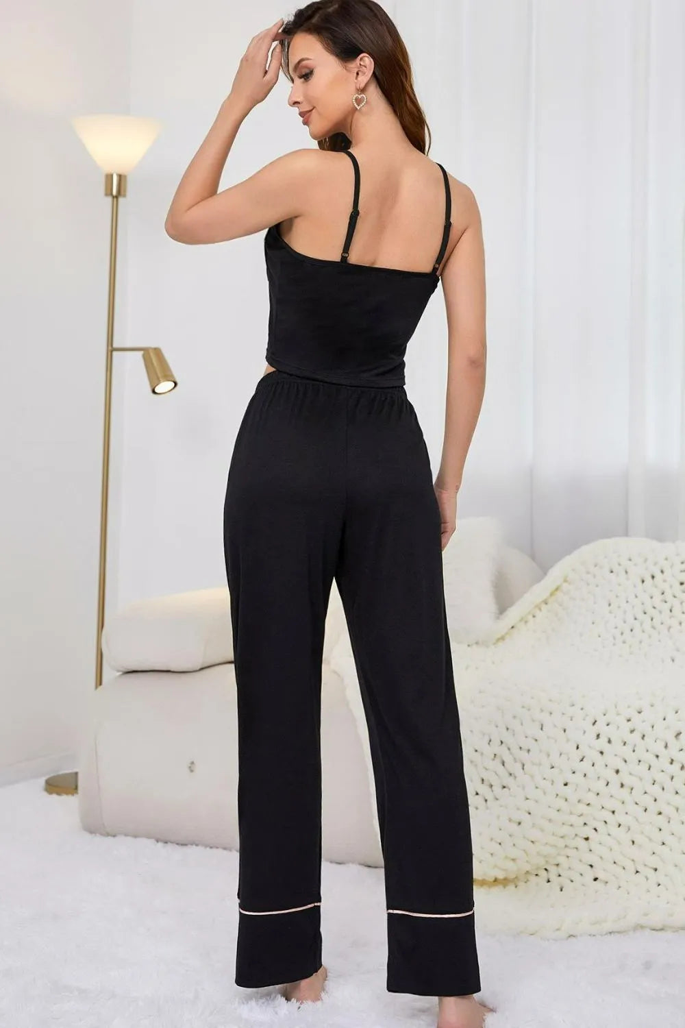 Contrast Trim Cropped Cami and Pants Loungewear Set Loungewear Sets - Tophatter Daily Deals