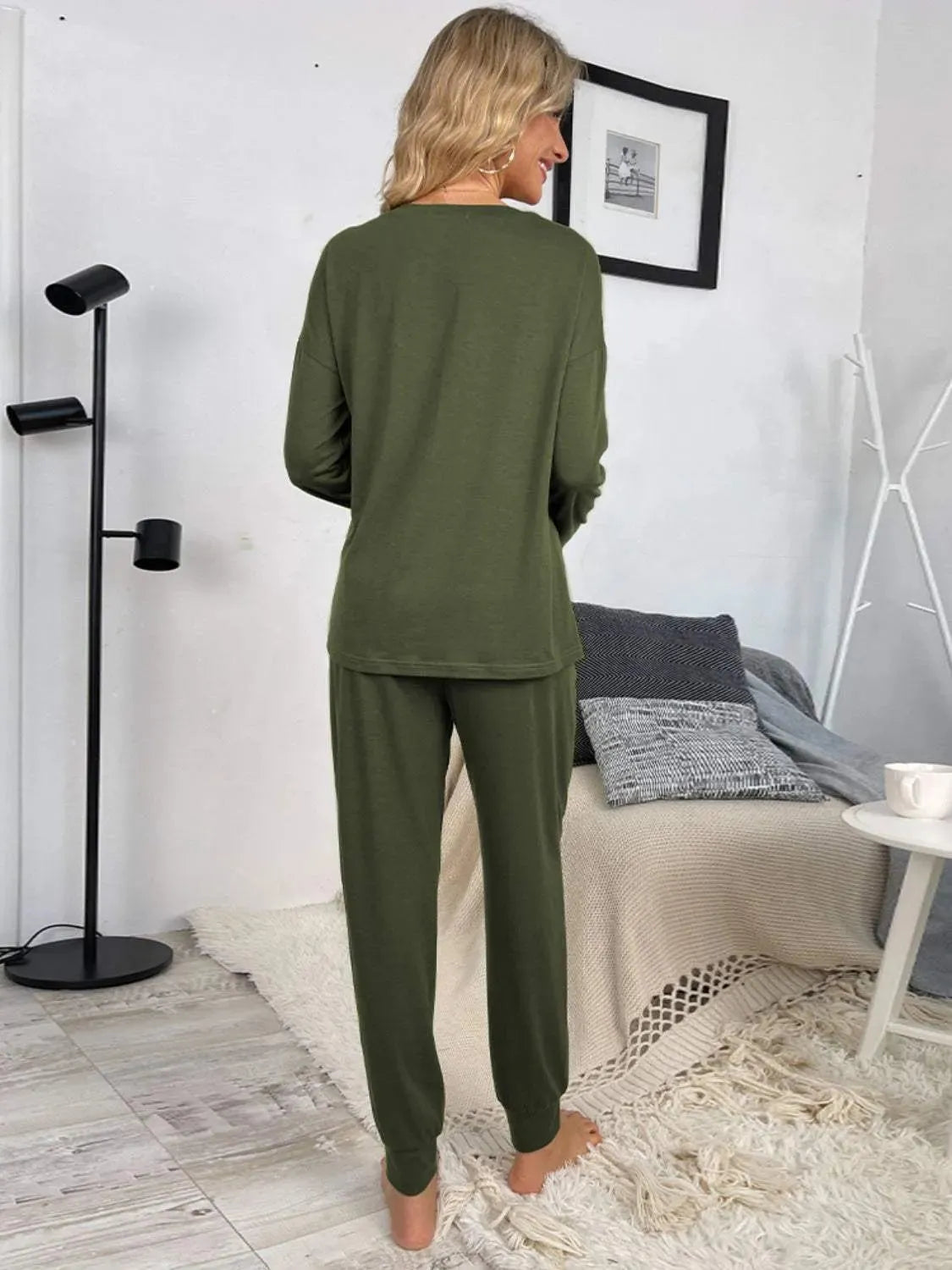 Round Neck Top and Drawstring Pants Lounge Set Loungewear Sets - Tophatter Daily Deals