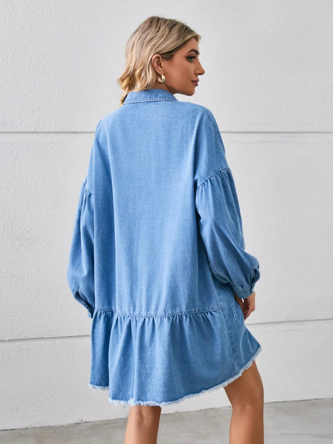 Button Up Pocketed Raw Hem Denim Dress Casual Dresses - Tophatter Daily Deals