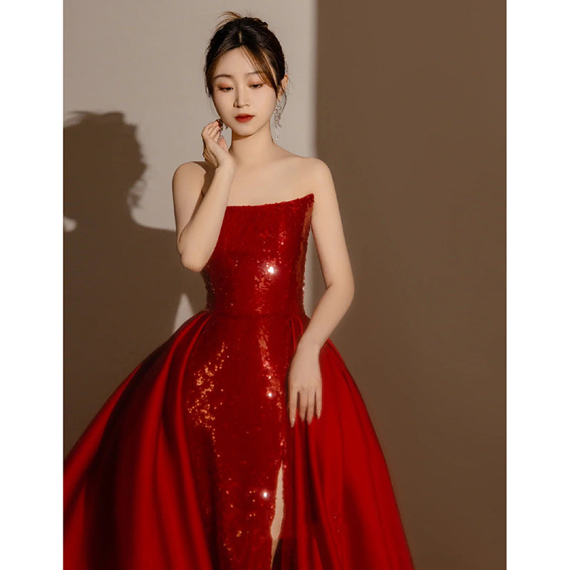 Banquet Light Luxury Annual Meeting Host Red Dress Bride Wedding Engagement Bra Toast Dress 0 - Tophatter Daily Deals