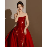 Banquet Light Luxury Annual Meeting Host Red Dress Bride Wedding Engagement Bra Toast Dress 0 - Tophatter Daily Deals