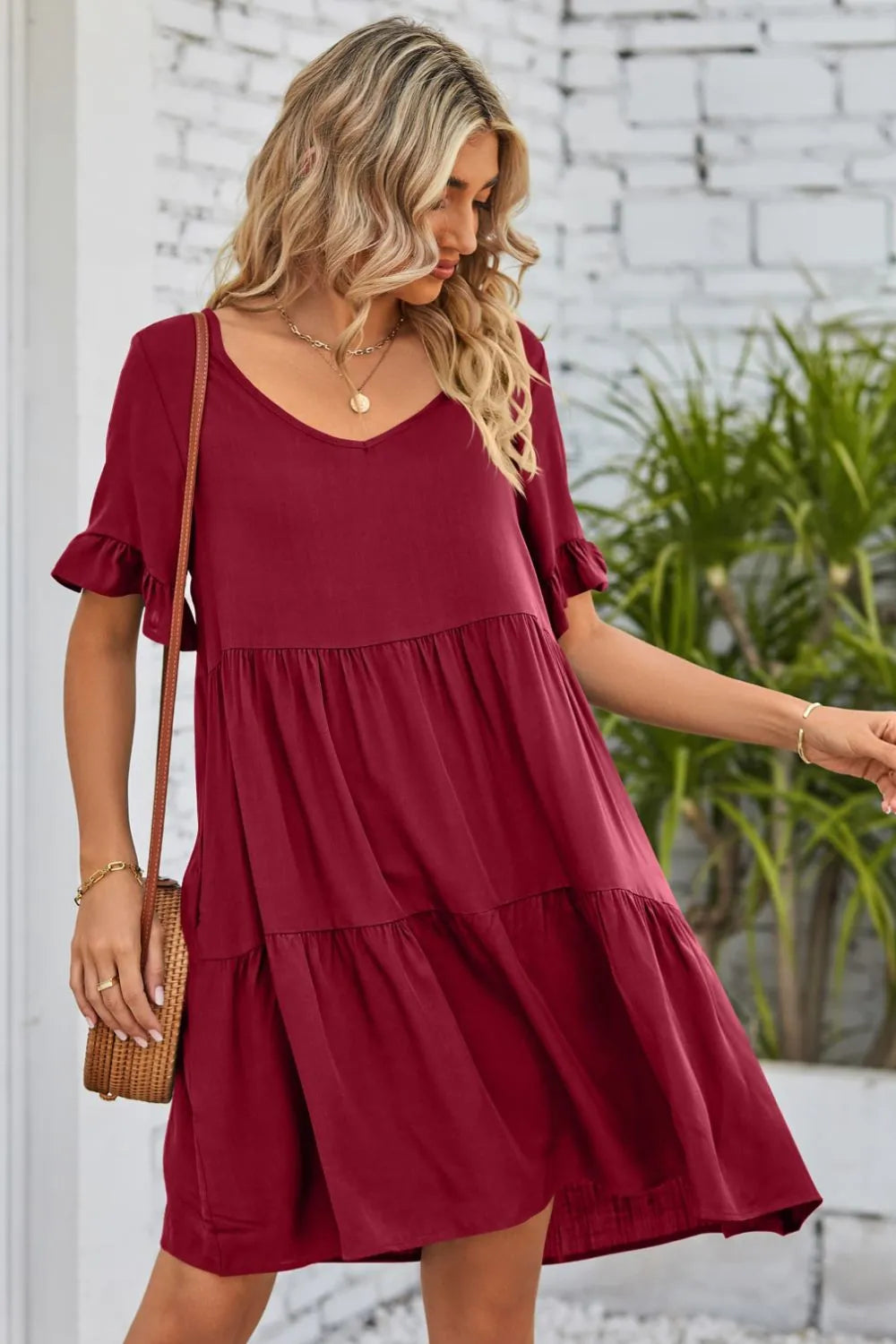 V-Neck Flounce Sleeve Tiered Dress Casual Dresses - Tophatter Daily Deals