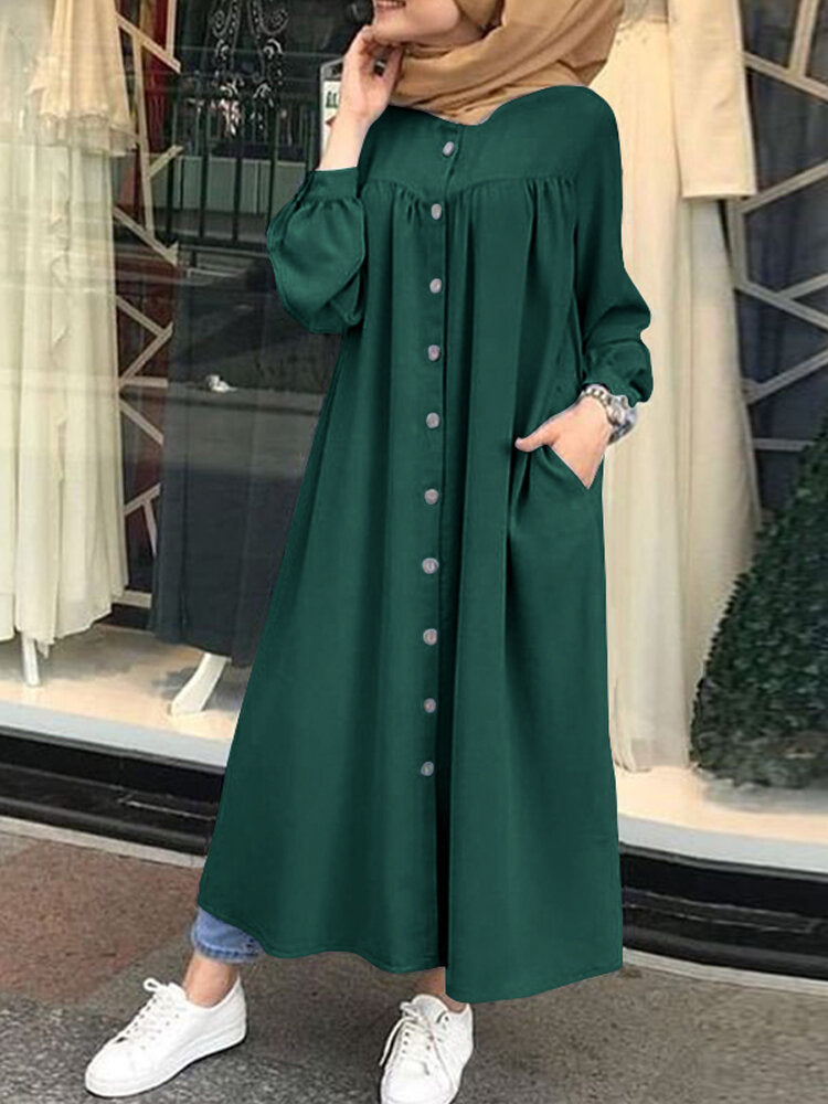 Solid Color Stand Collar Button Down Front Leisure Loose Pockets Women Maxi Dress Maxi Dresses - Tophatter Daily Deals