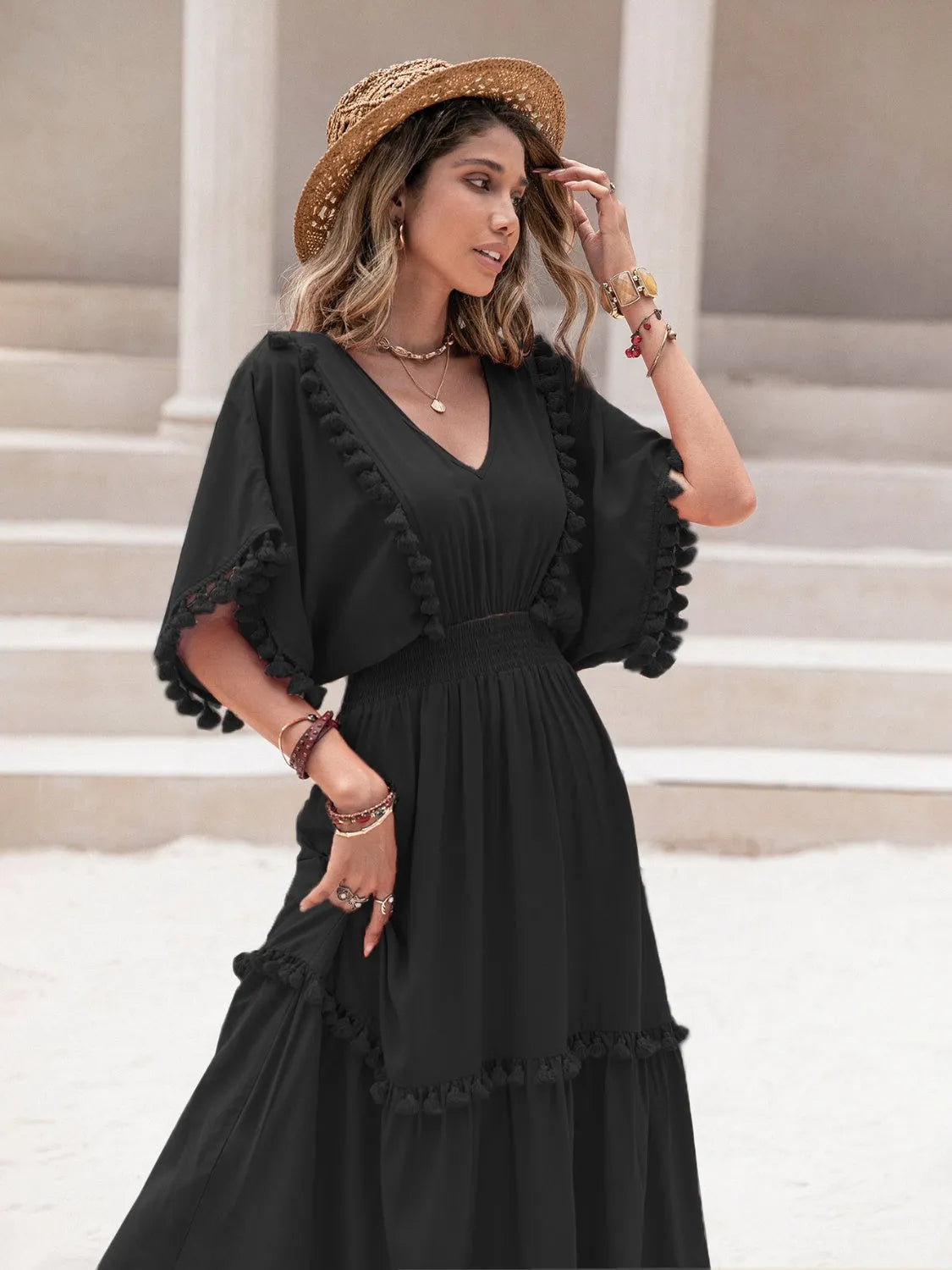 Tassel Trim Smocked V-Neck Short Sleeve Dress Black Casual Dresses - Tophatter Daily Deals