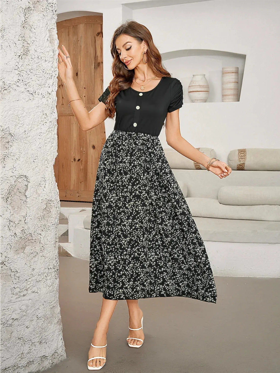 Printed Round Neck Short Sleeve Midi Dress Casual Dresses - Tophatter Daily Deals