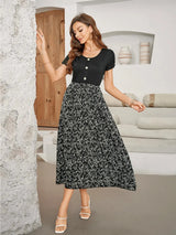 Printed Round Neck Short Sleeve Midi Dress Casual Dresses - Tophatter Daily Deals