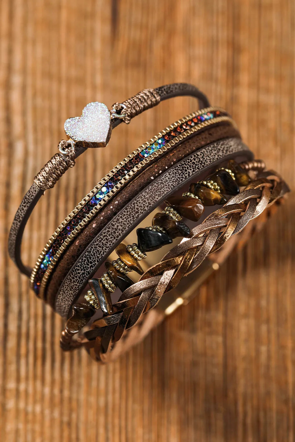 Brown Glittering Heart Accent Multi-layer Vintage PU Bracelet Bracelets - Tophatter Daily Deals
