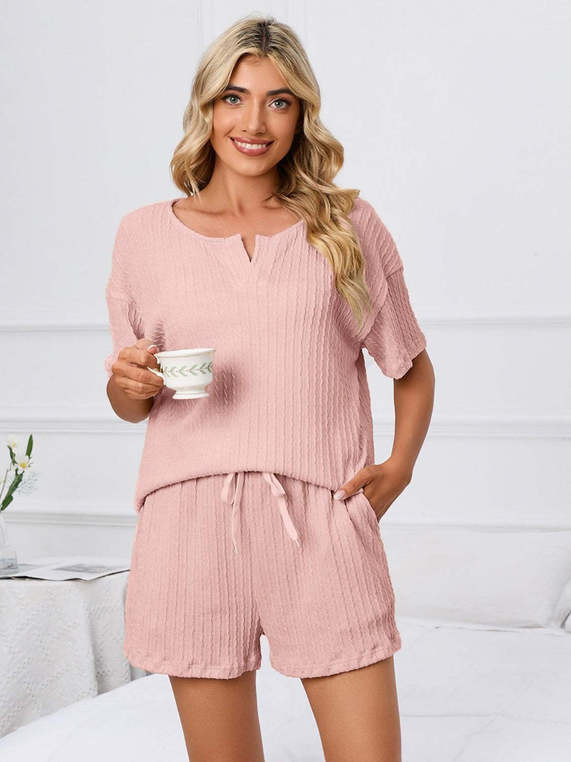 Notched Short Sleeve and Shorts Lounge Set Loungewear Sets - Tophatter Daily Deals