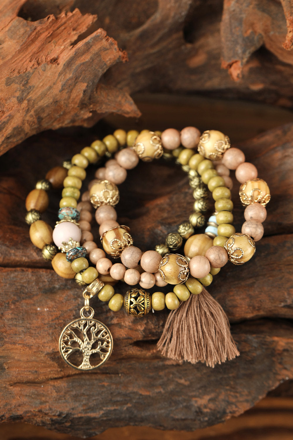 Brown Tree Of Life Charm Tassel Layers Wood Beads Bracelet Bracelets - Tophatter Daily Deals