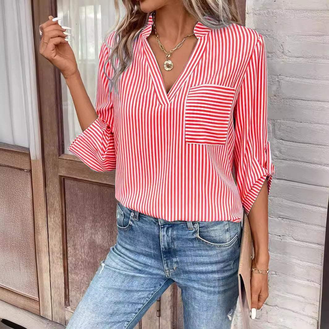 Women's V-neck Pullover Striped Printed Long Sleeves Casual Shirt Humidifier - Tophatter Daily Deals