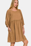 Zenana Washed Linen Pleated Puff Sleeve Babydoll Dress Casual Dresses - Tophatter Daily Deals