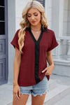 Eyelet Johnny Collar Short Sleeve T-Shirt Wine Women's T-Shirts - Tophatter Daily Deals