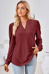 Ruched Notched Long Sleeve T-Shirt Wine Women's T-Shirts - Tophatter Daily Deals