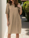 Full Size Round Neck Half Sleeve Dress with Pockets Tan Casual Dresses - Tophatter Daily Deals