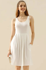 Doublju Full Size Round Neck Ruched Sleeveless Dress with Pockets WHITE Cocktail Dresses - Tophatter Daily Deals