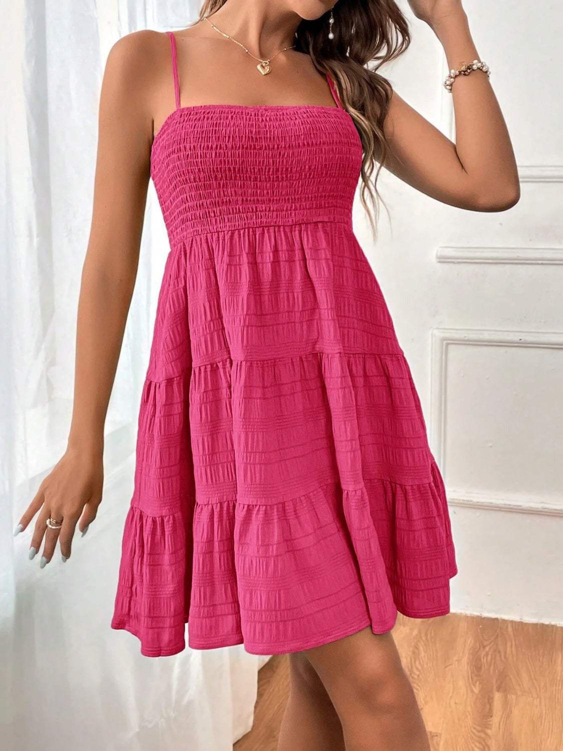 Tiered Smocked Square Neck Cami Dress Deep Rose Casual Dresses - Tophatter Daily Deals