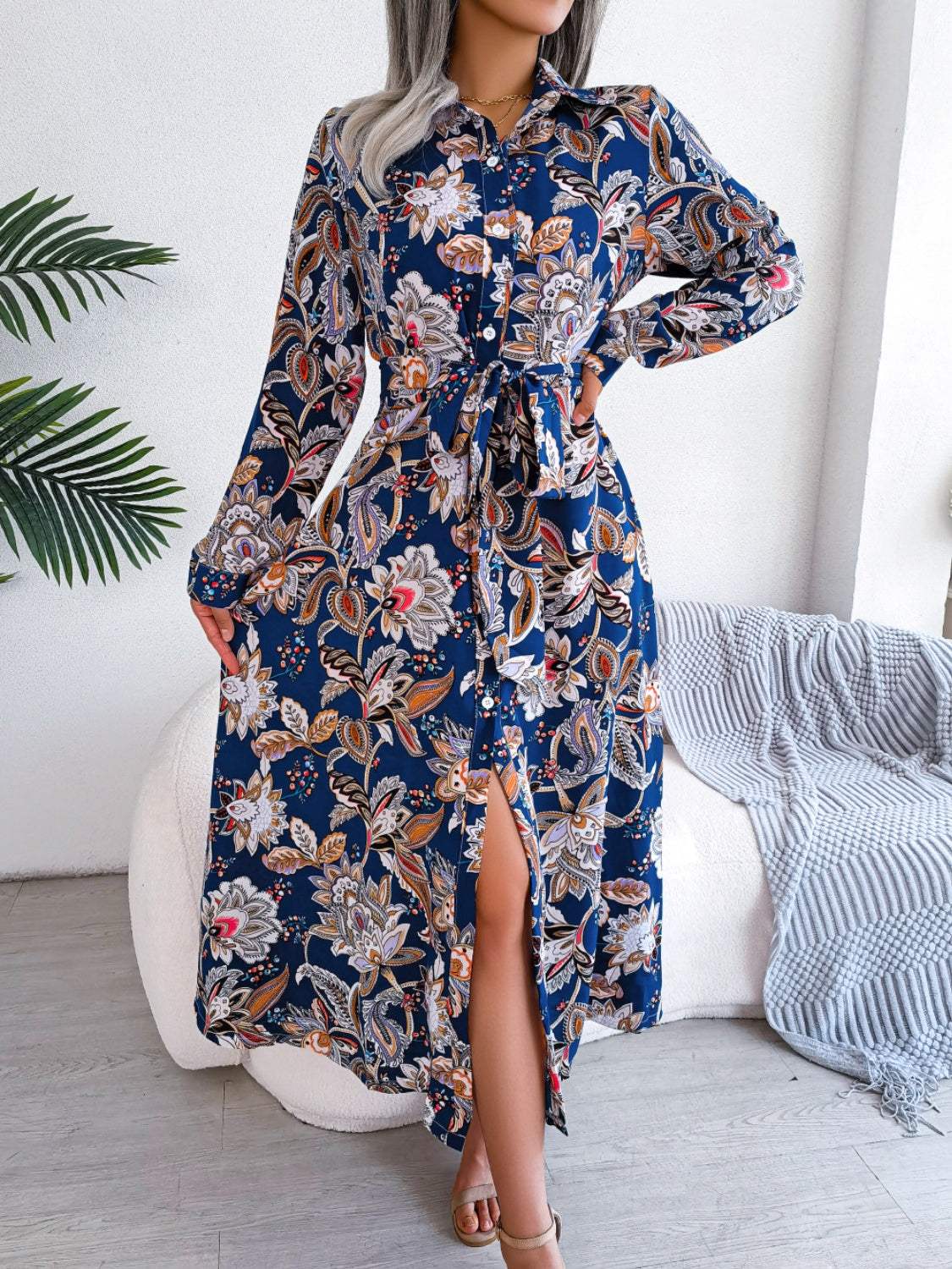 Tied Printed Long Sleeve Midi Dress Royal Blue Casual Dresses - Tophatter Daily Deals