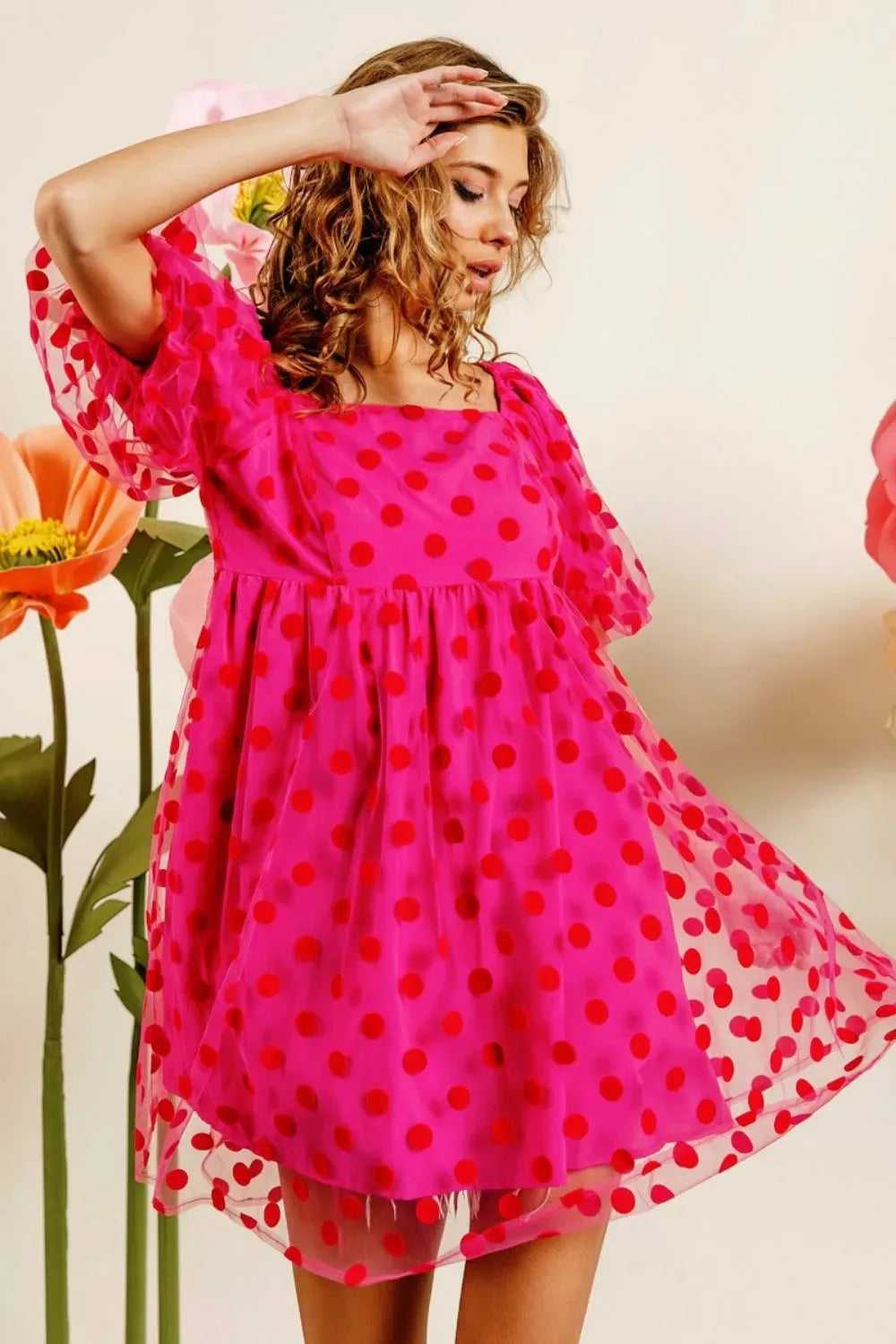 BiBi Polka Dot Mesh Puff Sleeve Dress Fuchsia Casual Dresses - Tophatter Daily Deals