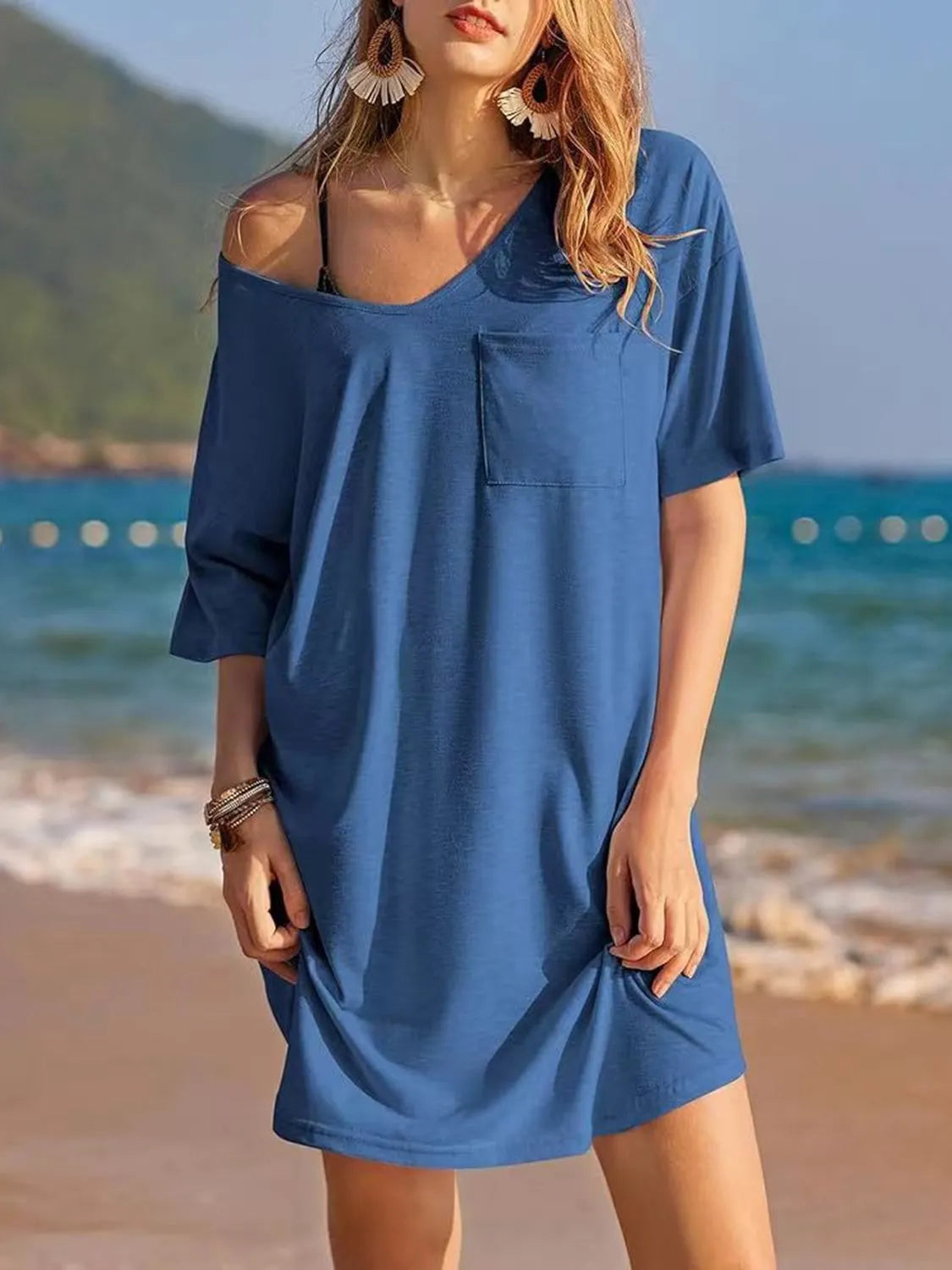 Pocketed V-Neck Short Sleeve Tee Dress Dusty Blue Casual Dresses - Tophatter Daily Deals