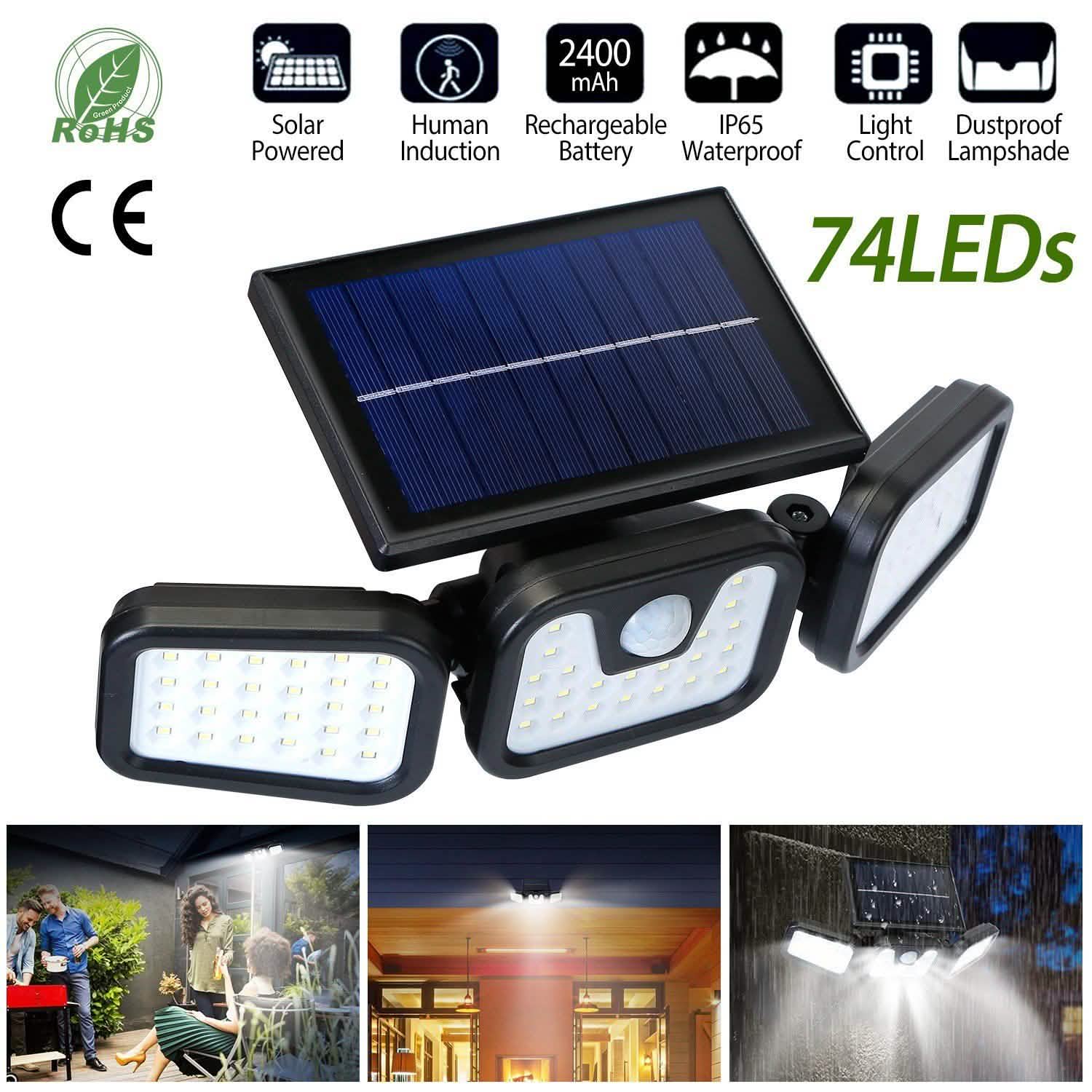 74 LEDs 3 Adjustable Solar Head Motion Sensor Flood Light Outdoor Lighting - Tophatter Daily Deals