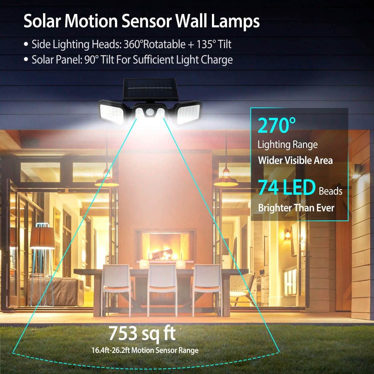 74 LEDs 3 Adjustable Solar Head Motion Sensor Flood Light Outdoor Lighting - Tophatter Daily Deals