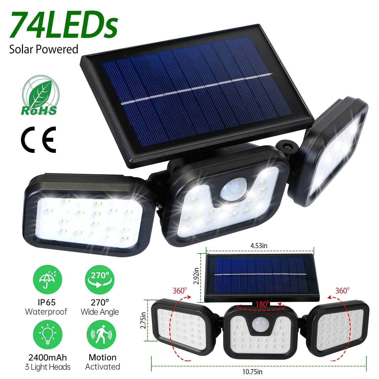 74 LEDs 3 Adjustable Solar Head Motion Sensor Flood Light Outdoor Lighting - Tophatter Daily Deals