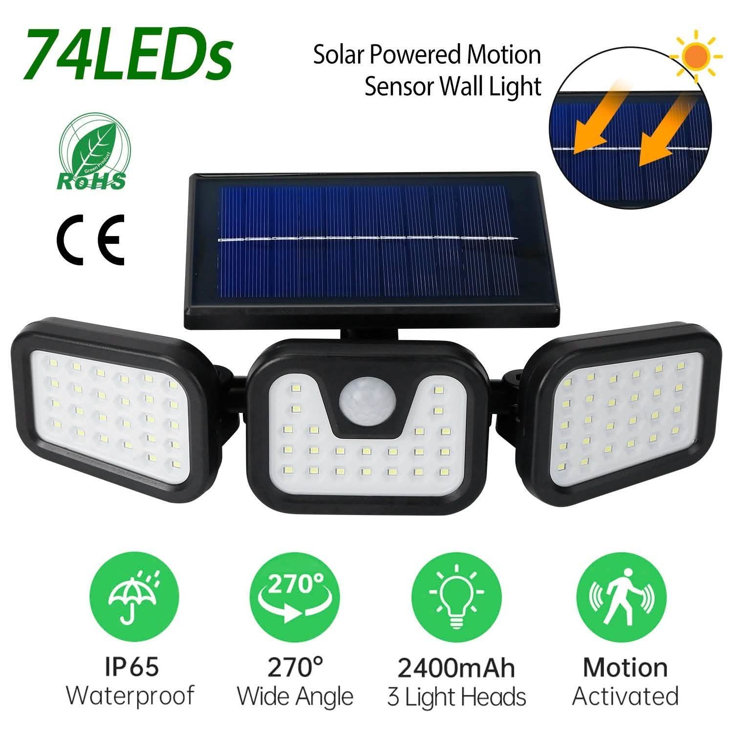 74 LEDs 3 Adjustable Solar Head Motion Sensor Flood Light Outdoor Lighting - Tophatter Daily Deals