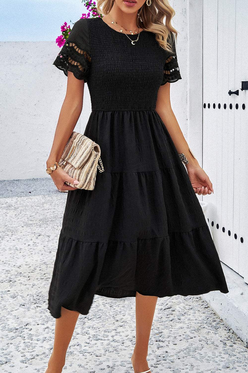 Smocked Round Neck Short Sleeve Midi Dress Casual Dresses - Tophatter Daily Deals