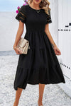 Smocked Round Neck Short Sleeve Midi Dress Casual Dresses - Tophatter Daily Deals