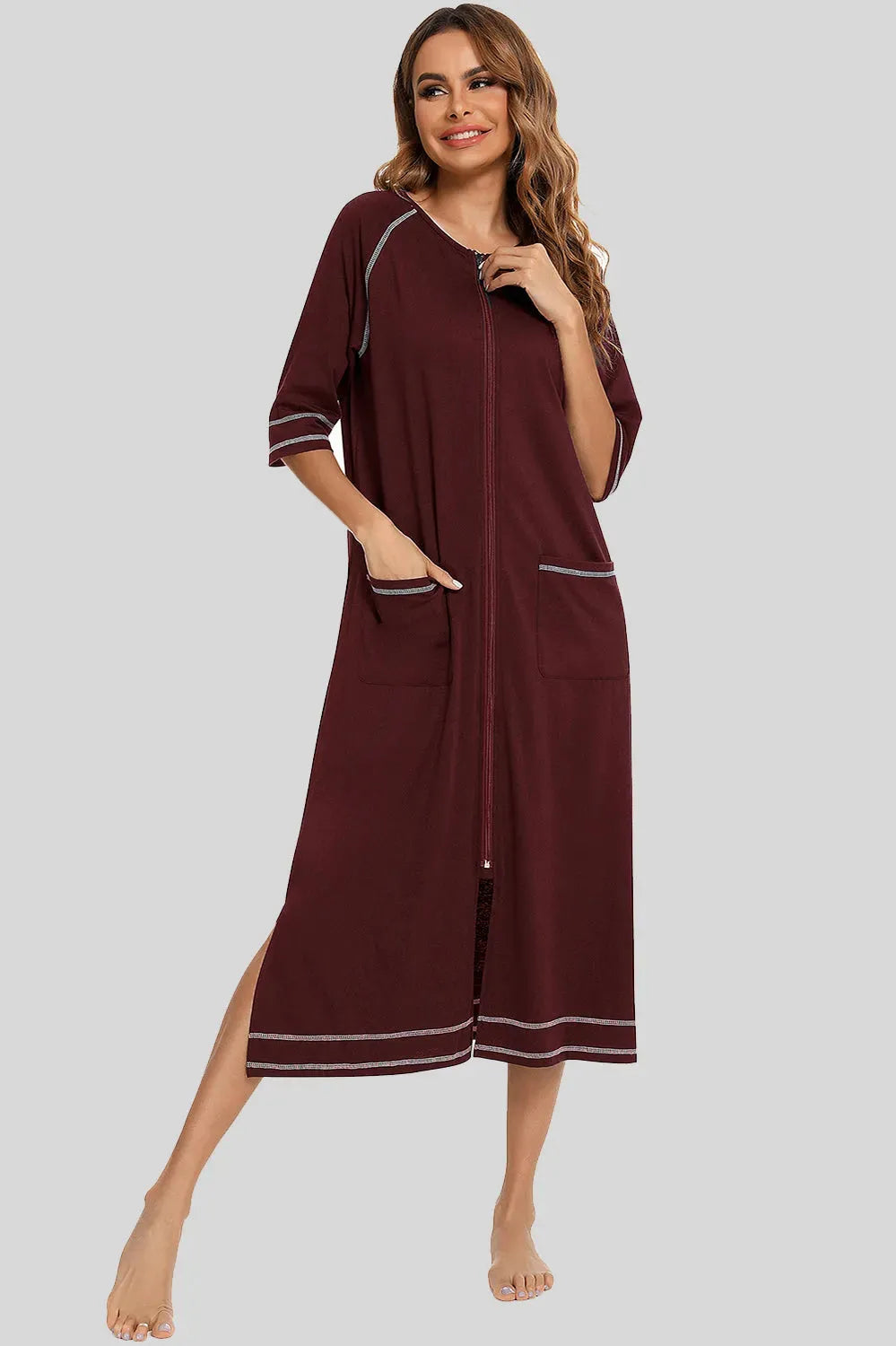 Zip Up Slit Round Neck Night Dress with Pockets Sleep Dresses - Tophatter Daily Deals