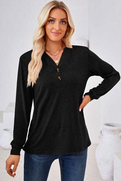 Notched Long Sleeve T-Shirt Black Women's T-Shirts - Tophatter Daily Deals