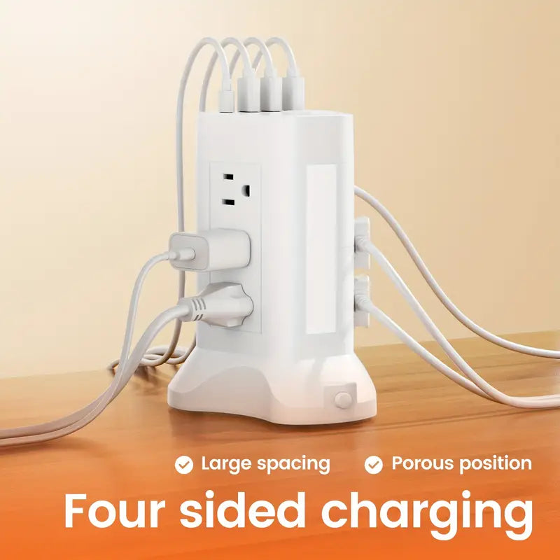 14-in-1 Power Strip Tower with 4 USB Ports & 9 AC Outlets, 10ft Extension Cable, Adjustable 3-Color Night Light Electronics - Tophatter Daily Deals
