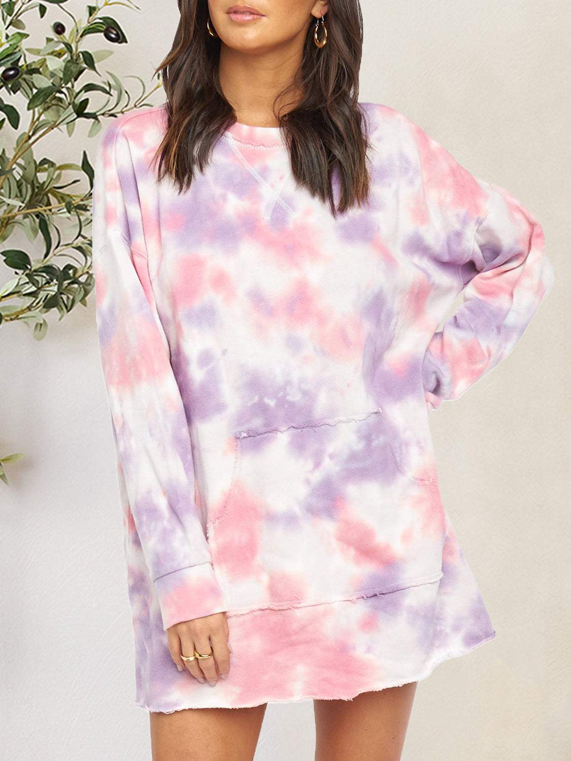 Tie-Dye Round Neck Dropped Shoulder Tee Dress Lavender Casual Dresses - Tophatter Daily Deals