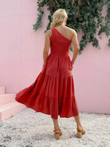 Smocked Single Shoulder Sleeveless Dress Casual Dresses - Tophatter Daily Deals