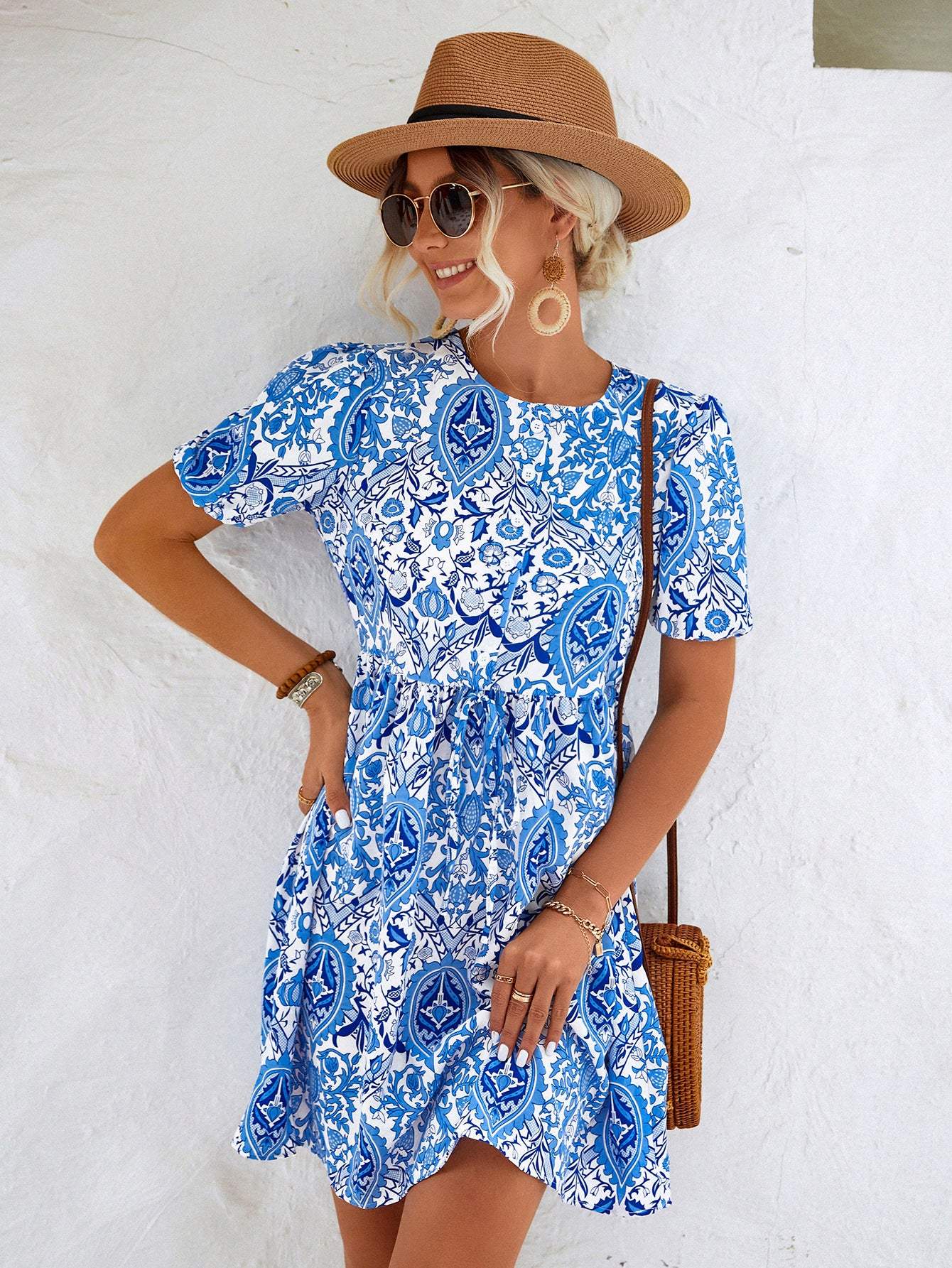 Printed Round Neck Puff Sleeve Mini Dress Blue S Casual Dresses - Tophatter Daily Deals