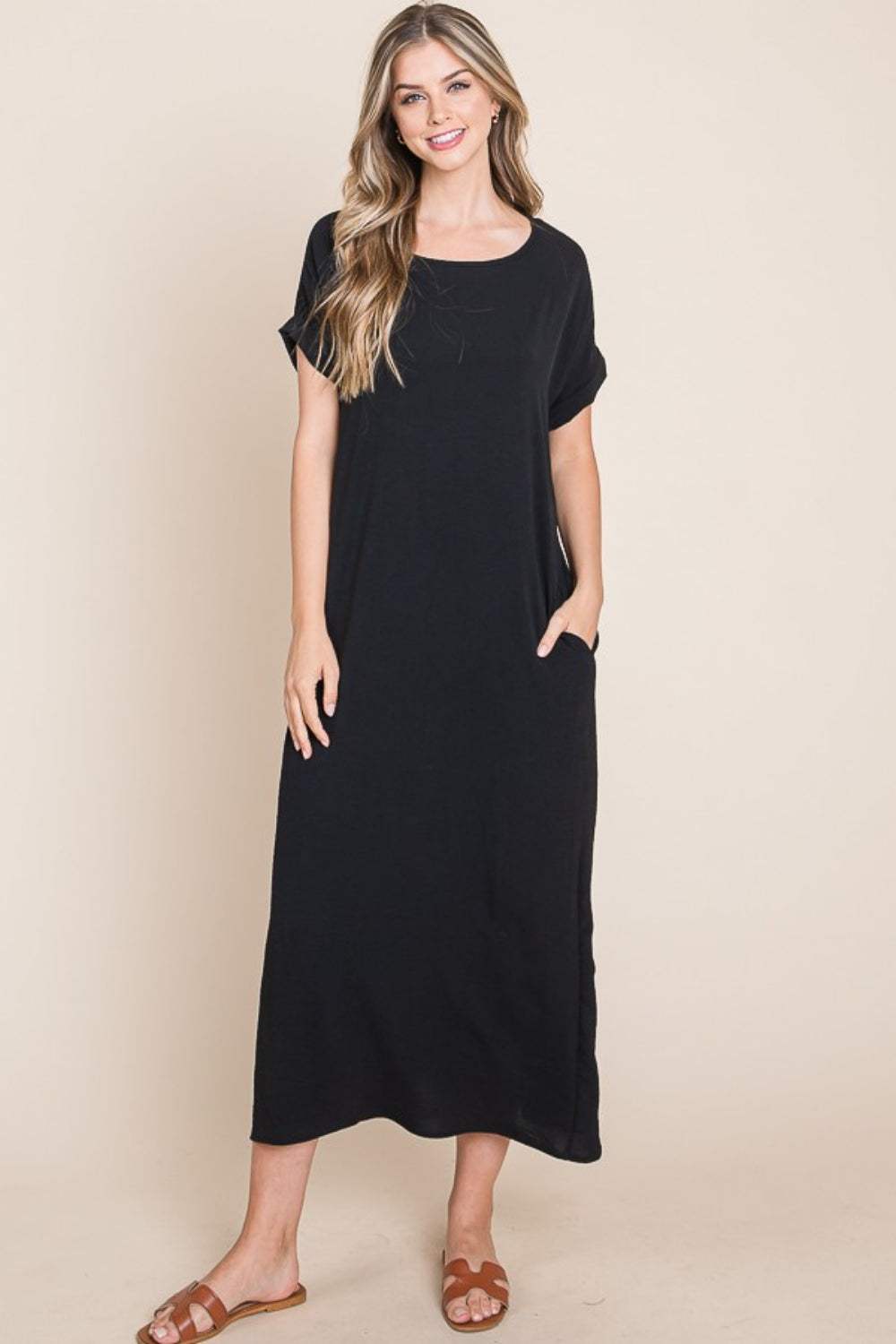 BOMBOM Round Neck Short Sleeve Midi Dress with Pockets Black Casual Dresses - Tophatter Daily Deals