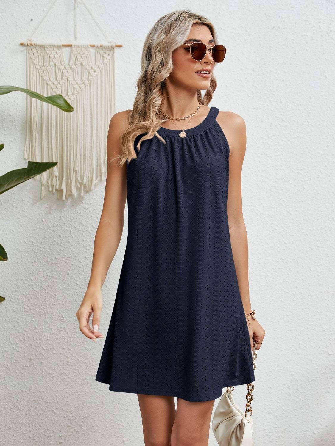 Eyelet Grecian Neck Mini Dress Navy Casual Dresses - Tophatter Daily Deals