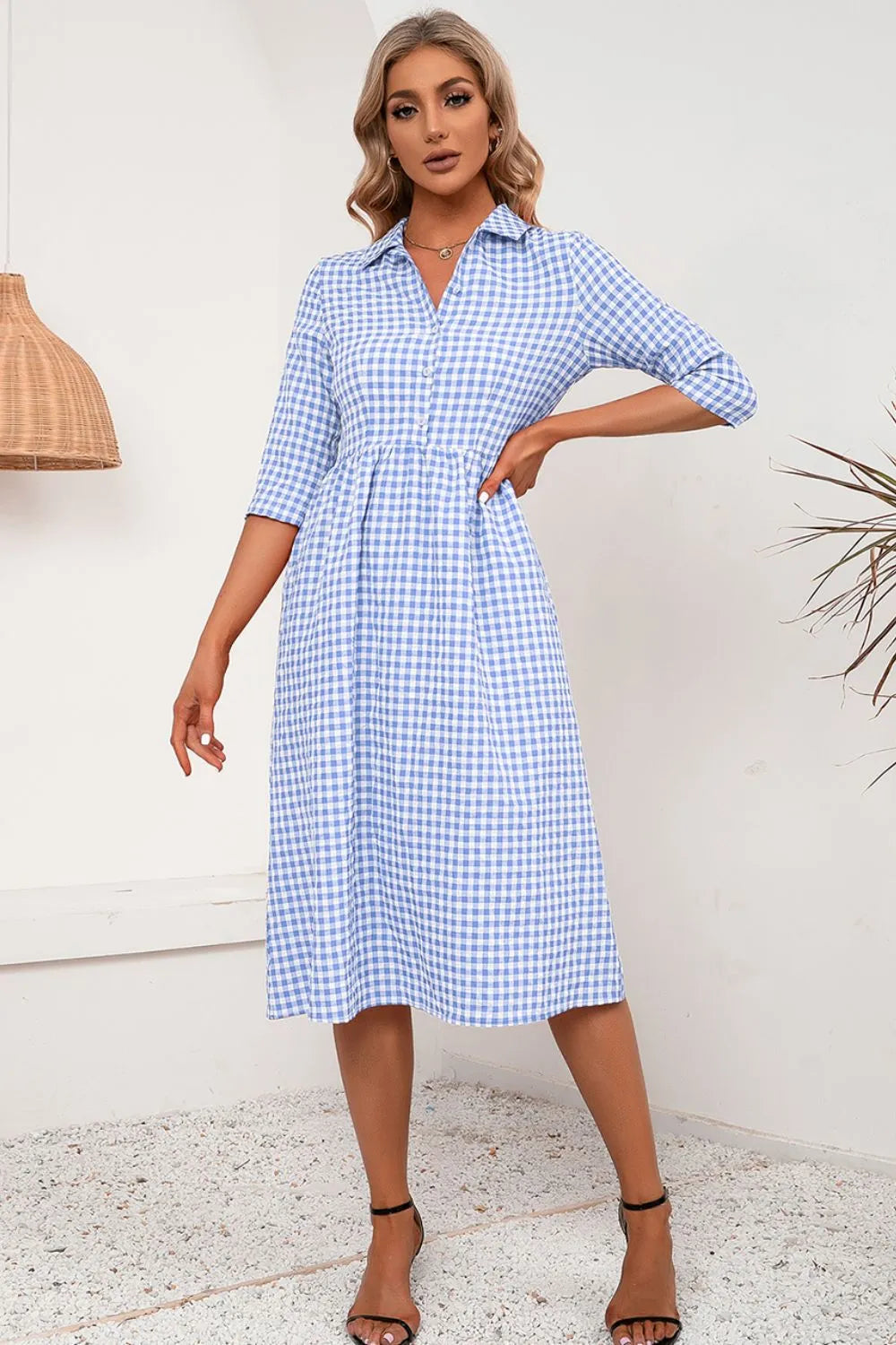 Plaid Collared Neck Midi Dress Casual Dresses - Tophatter Daily Deals