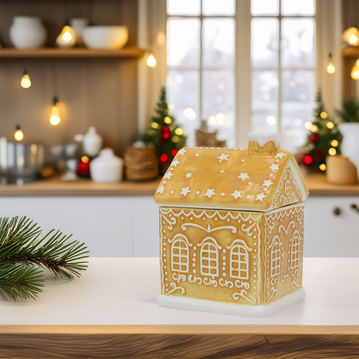 Gingerbread House Cookie Jar | Christmas Ceramic Biscuit Barrel with Lid - 23cm Jar - Tophatter Daily Deals