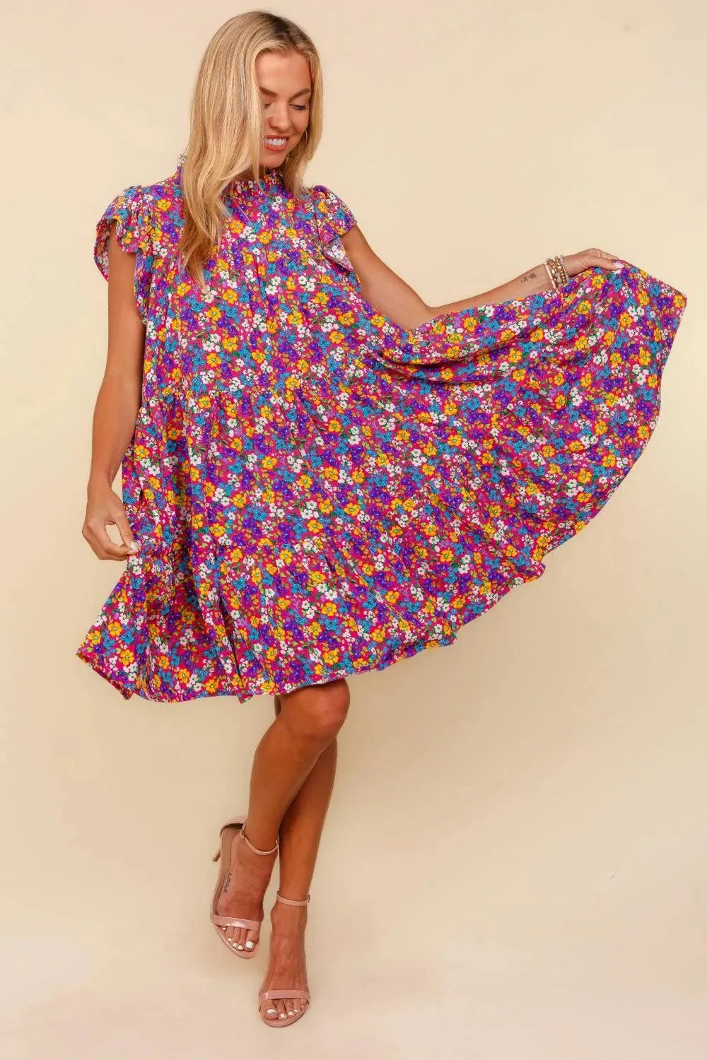 Haptics Frilled Mock Neck Ditsy Floral Dress Casual Dresses - Tophatter Daily Deals