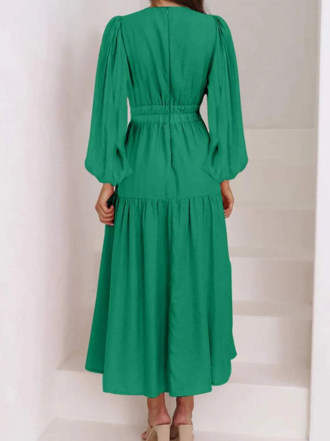 Deep V-Neck Balloon Sleeve Plain Maxi Dress Casual Dresses - Tophatter Daily Deals